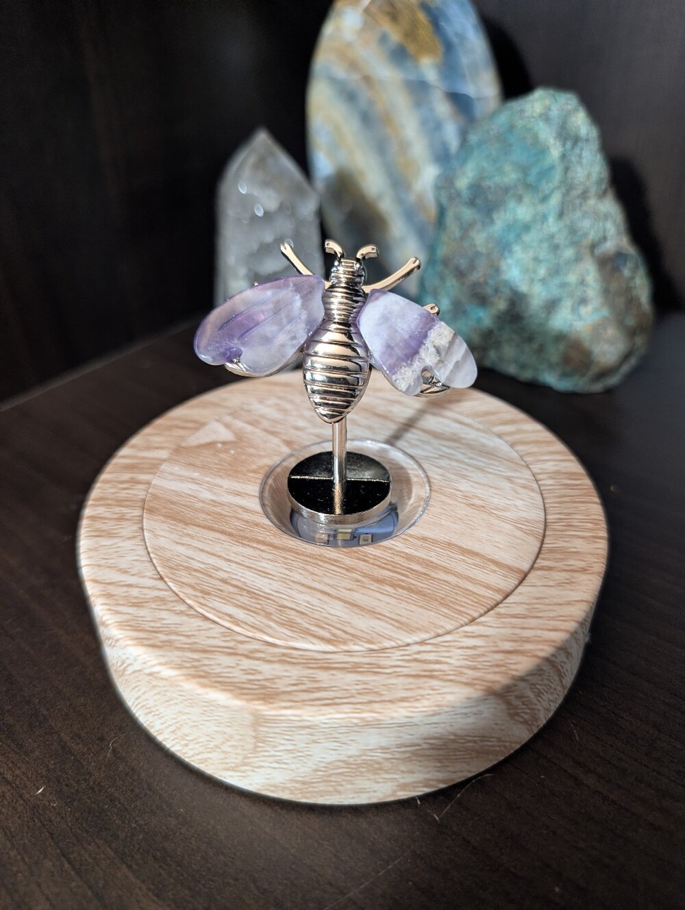Amethyst Crystal Bee Carving on Silver Stand
